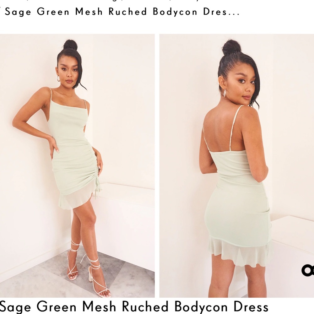 Sage green mesh ruched bodycon dress
